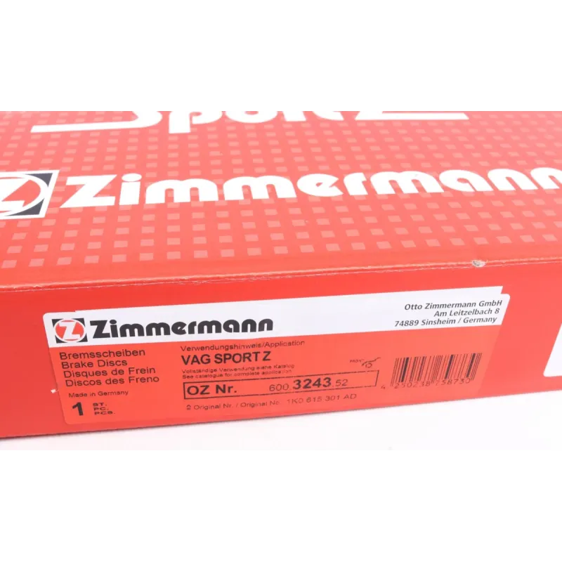 Диск гальмівний передній ZIMMERMANN 600.3243.52 для Audi A3, VW Golf, Skoda Octavia 340x30 мм