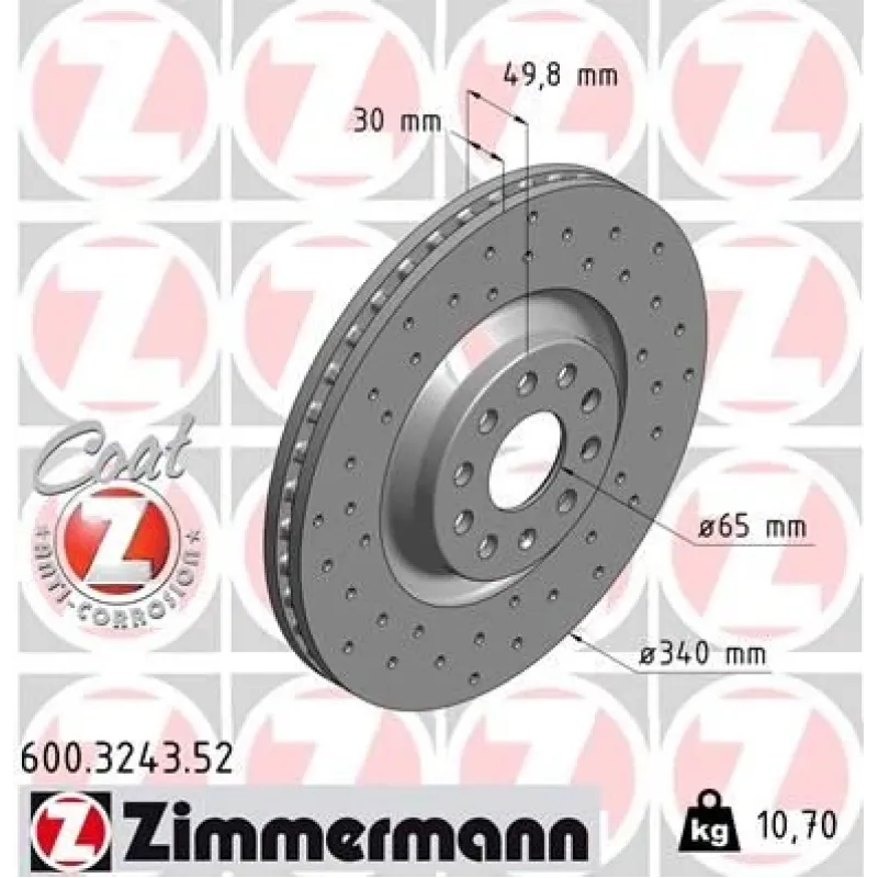 Диск гальмівний передній ZIMMERMANN 600.3243.52 для Audi A3, VW Golf, Skoda Octavia 340x30 мм